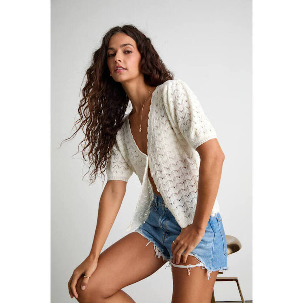 Lulus Avelyn Ivory Pointelle Knit Puff Sleeve Sweater Top White - Size L